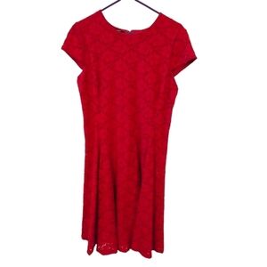 Vibrant Red Eyelet Alfani Dress Lined Cap Slve Fit- Flare Style Zip Valentine 12